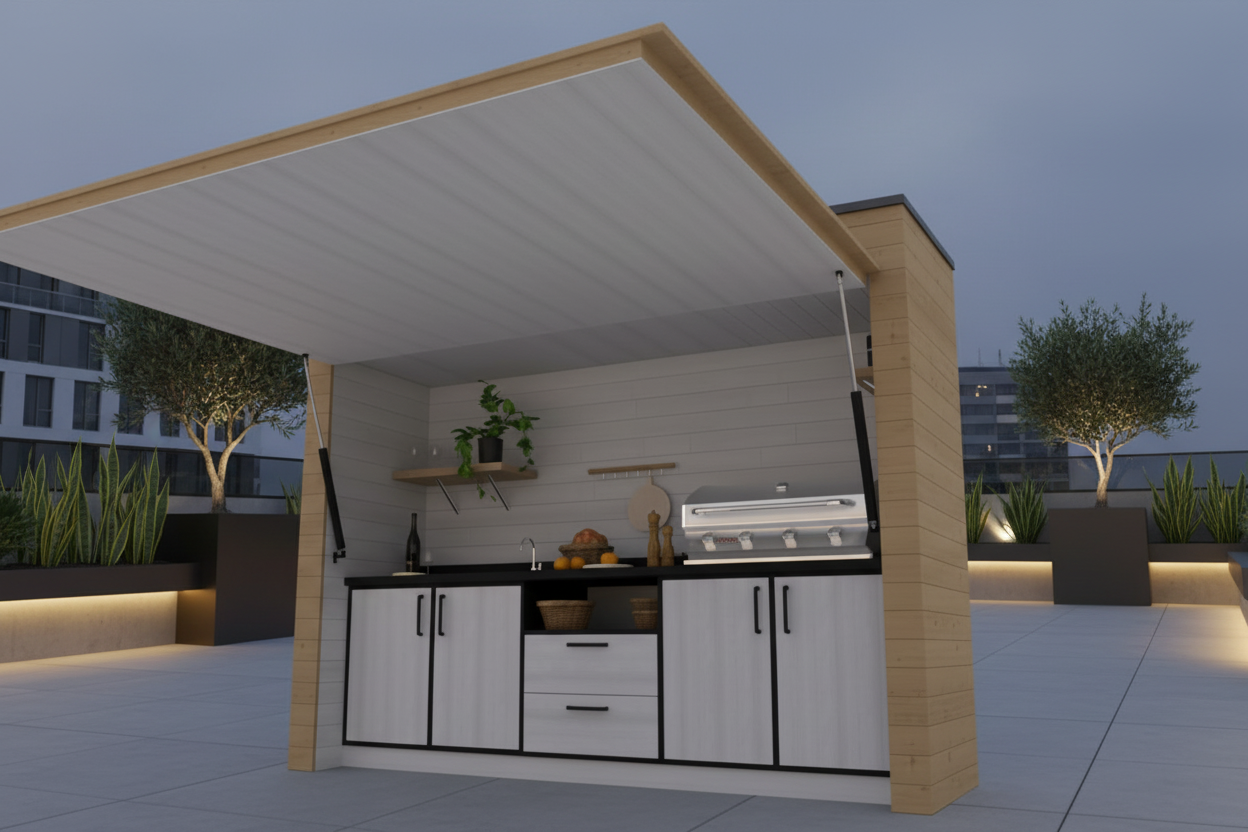 Outdoor kitchen with wooden structure, cabinets,